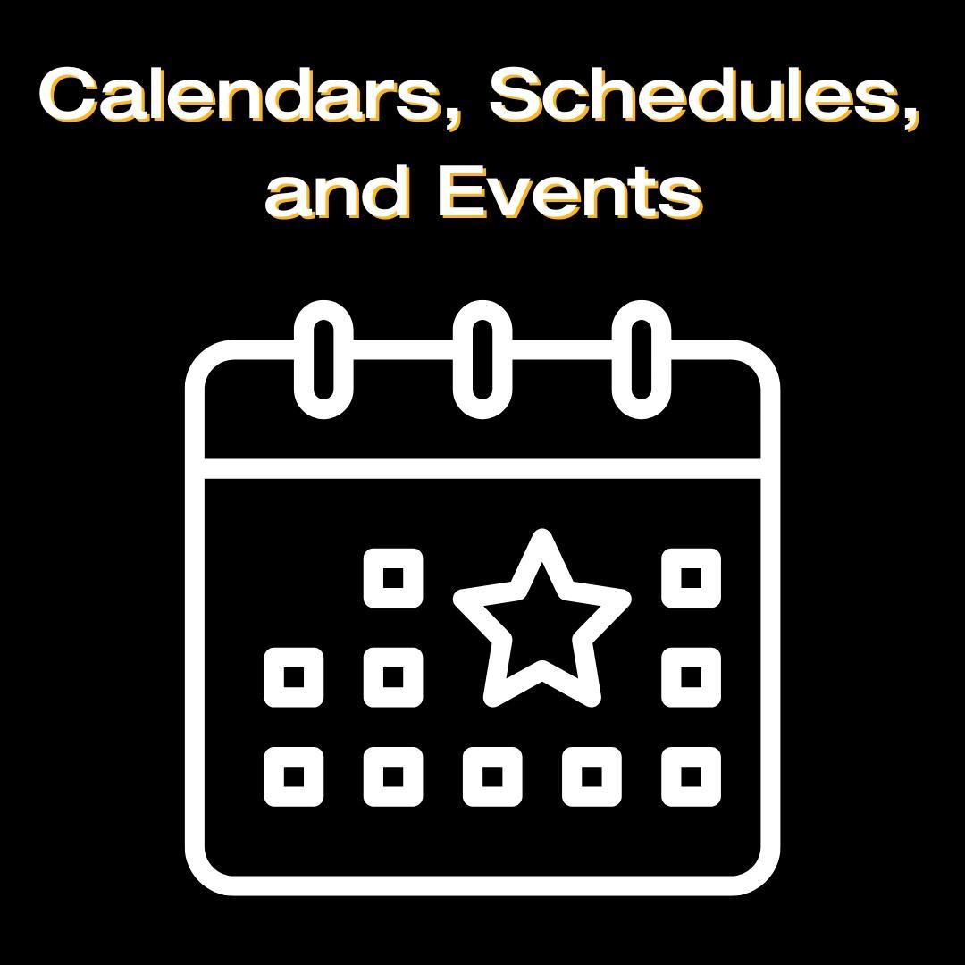 Tile states "Calendars, Schedules, and Events" with a calendar icon.