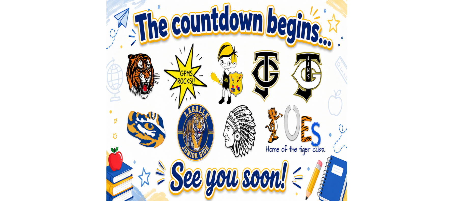 Colorful graphic with school mascots and countdown text for an event.