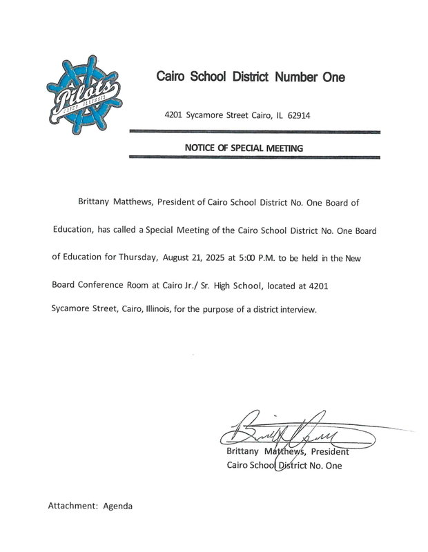 Special Board Meeting - August 21st @5PM