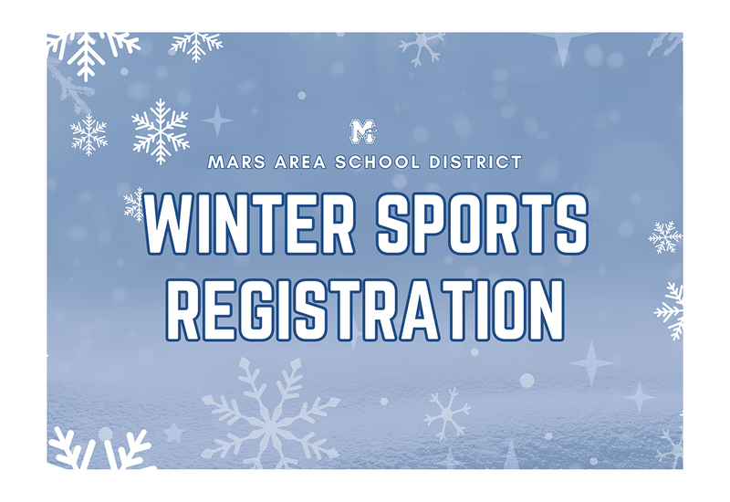 Winter sports registration announcement with snowflake decorations.