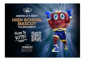 A mascot character promoting a high school mascot tournament with a QR code.