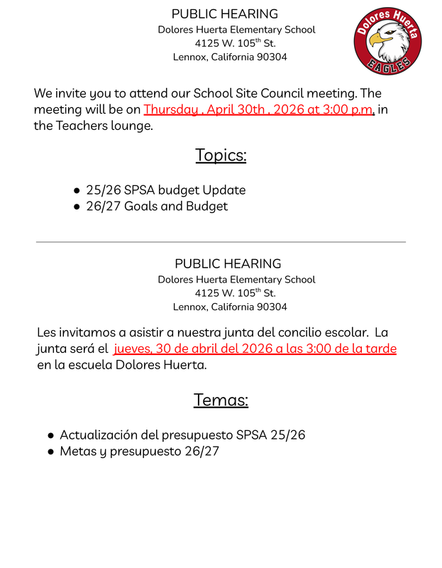 Public Hearing – School Site Council Meeting