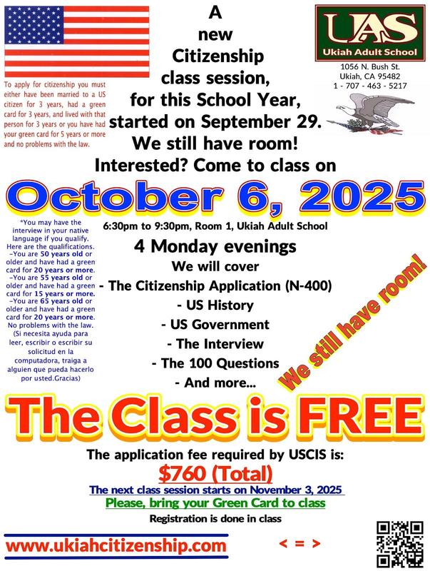 A new citizenship class started on September 29. We still have room! interested? come to class tonight poster.