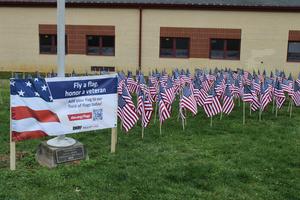 Sign promoting field of flags with small flags behind it