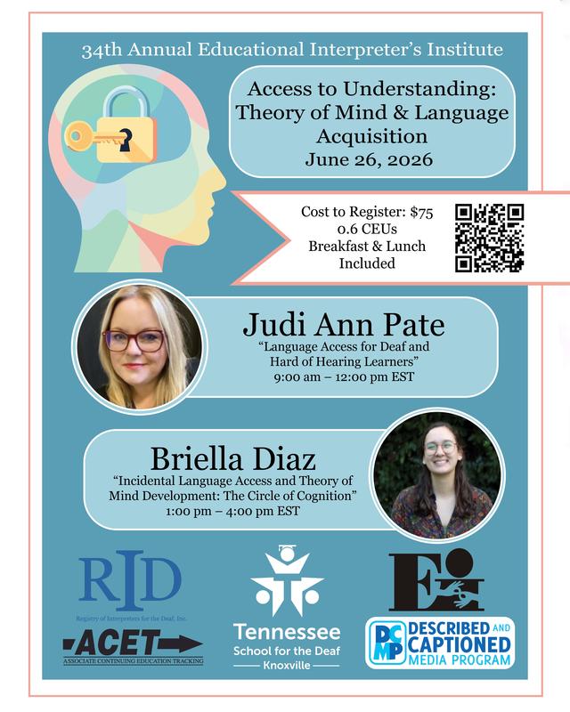 Event flyer for interpreting institute with speakers and schedule details.