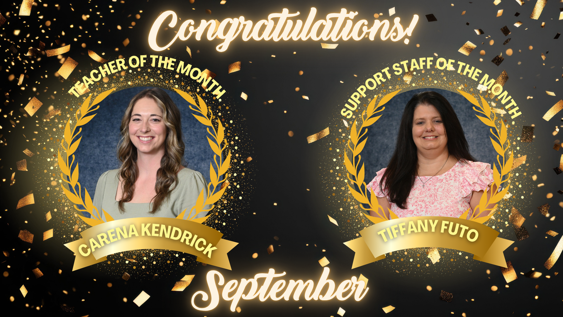 Celebratory graphic announcing Carena Kendrick and Tiffany Futo as award recipients.