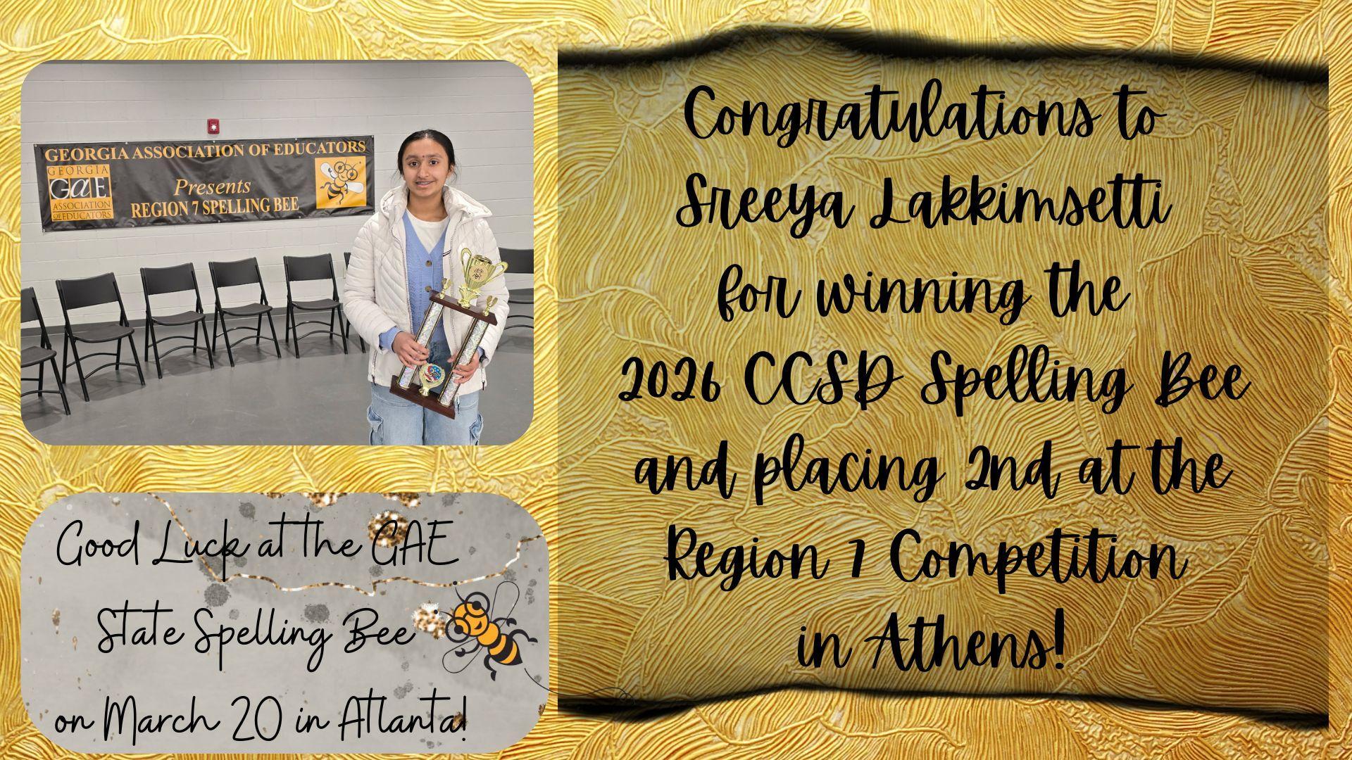 Celebratory announcement for a spelling bee winner with trophy and golden background.