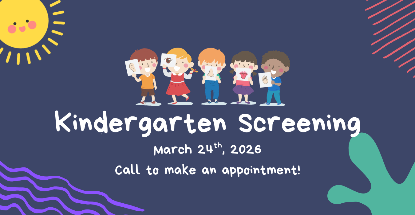 Colorful poster promoting kindergarten screening on March 24, 2026.