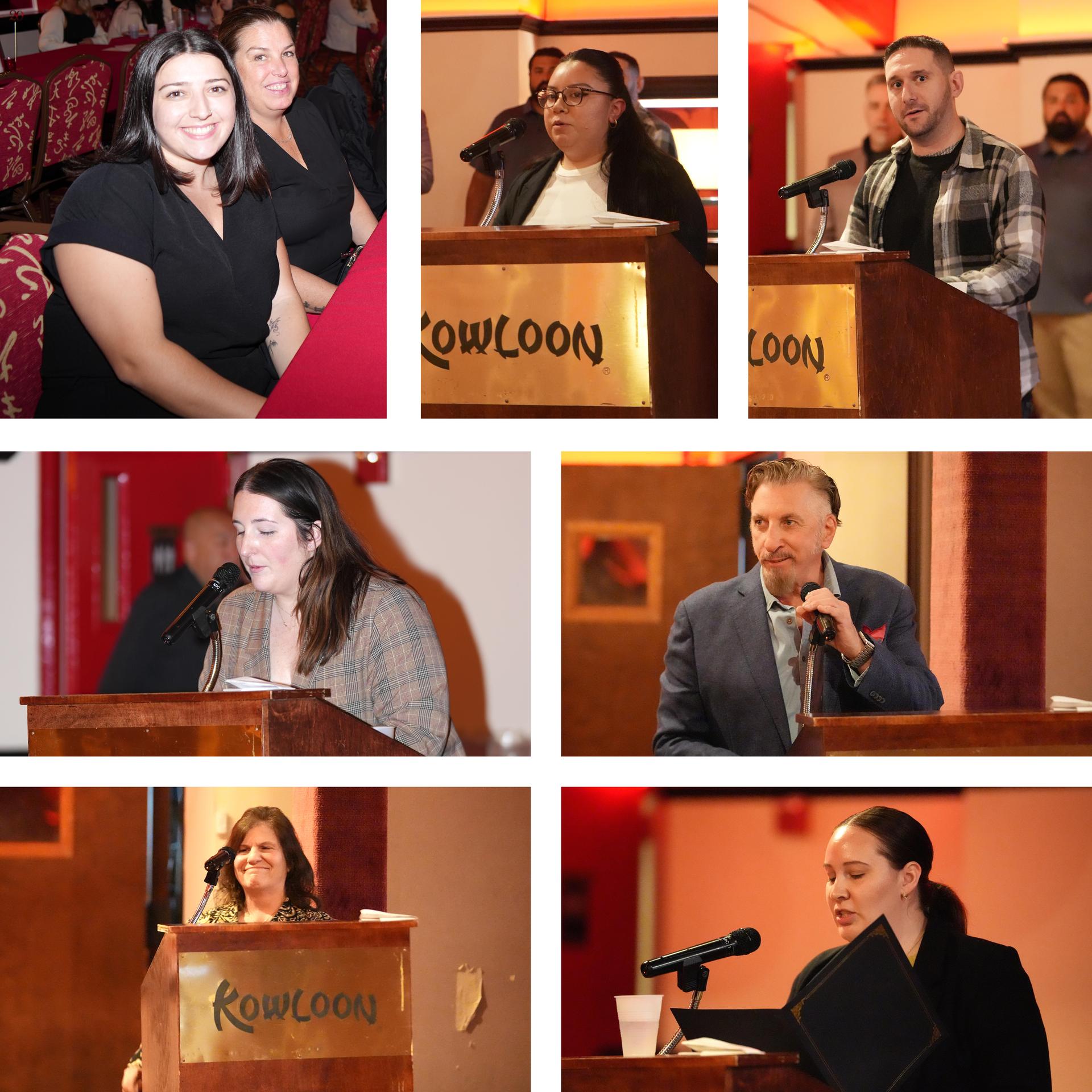 Collage, educators at an awards banquet, at tables and individual teachers at a lectern 