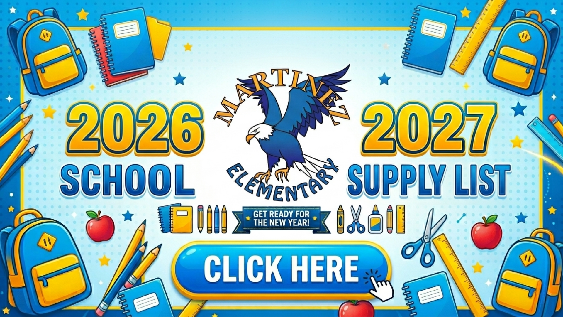 Banner promoting the 2026-2027 school supply list for Martinez Elementary.