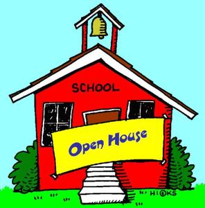 photo of a red schoolhouse with the words open house