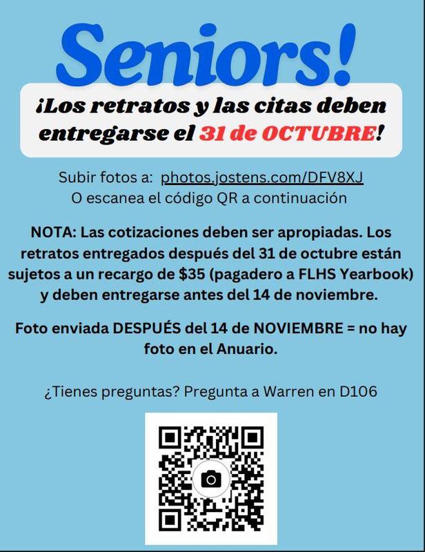 Seniors Los Retratos y las citas deben entregarse el 31 de Octubre