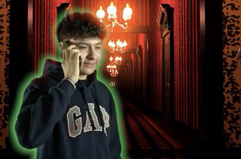 student talking on the phone with green glow like a ghost