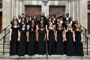 PGHS' choral ensemble stands on the steps of the historic Riverside Church in New York City.