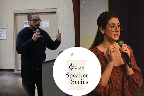 Fr. Anthony Sciarappa talking into microphone and Lillian Fallon talking into microphone at OLSH