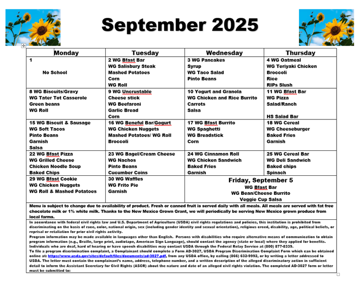 breakfast and lunch menu for September