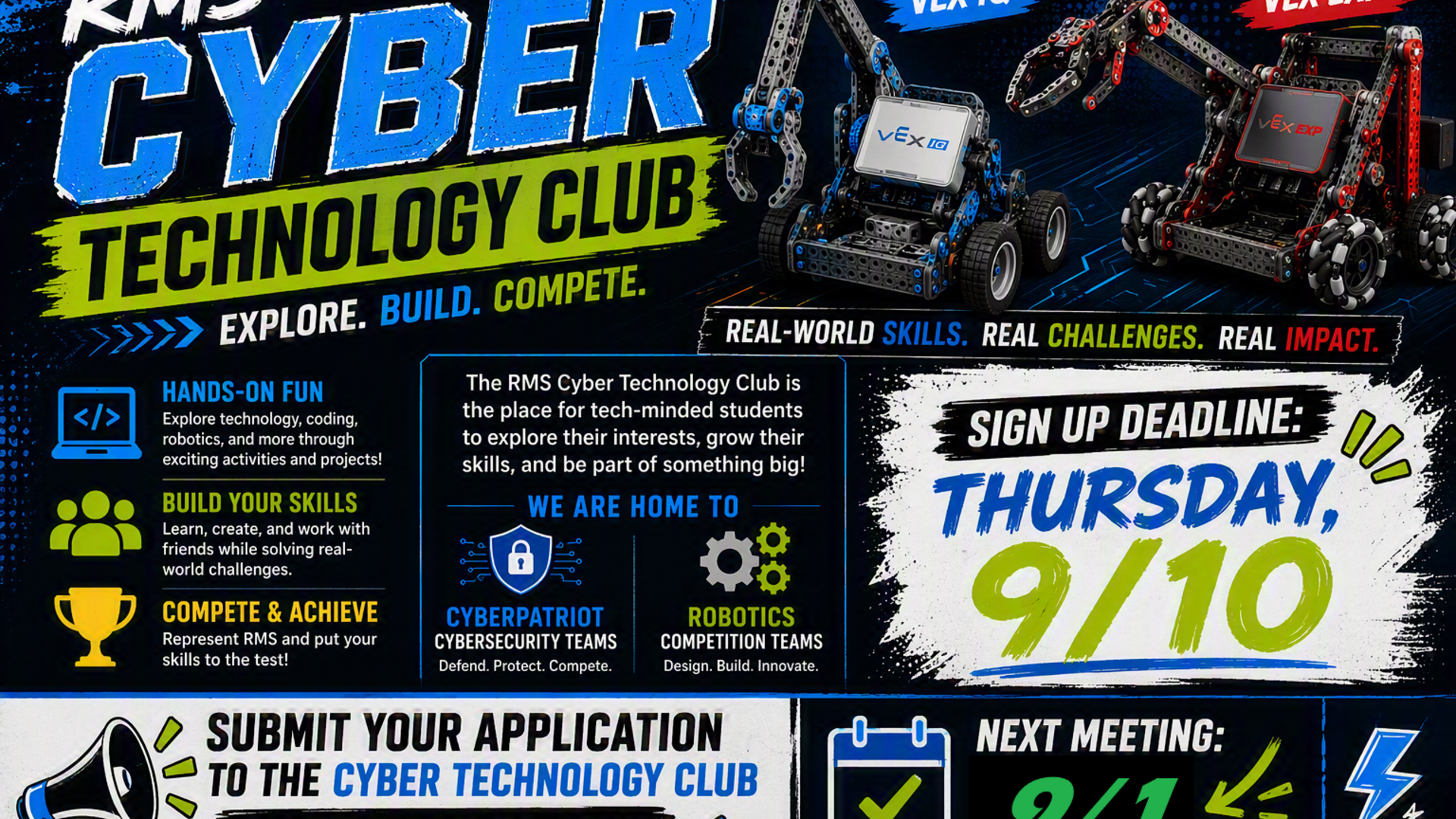 Promotional poster for RMS Cyber Technology Club with text and images of robots.
