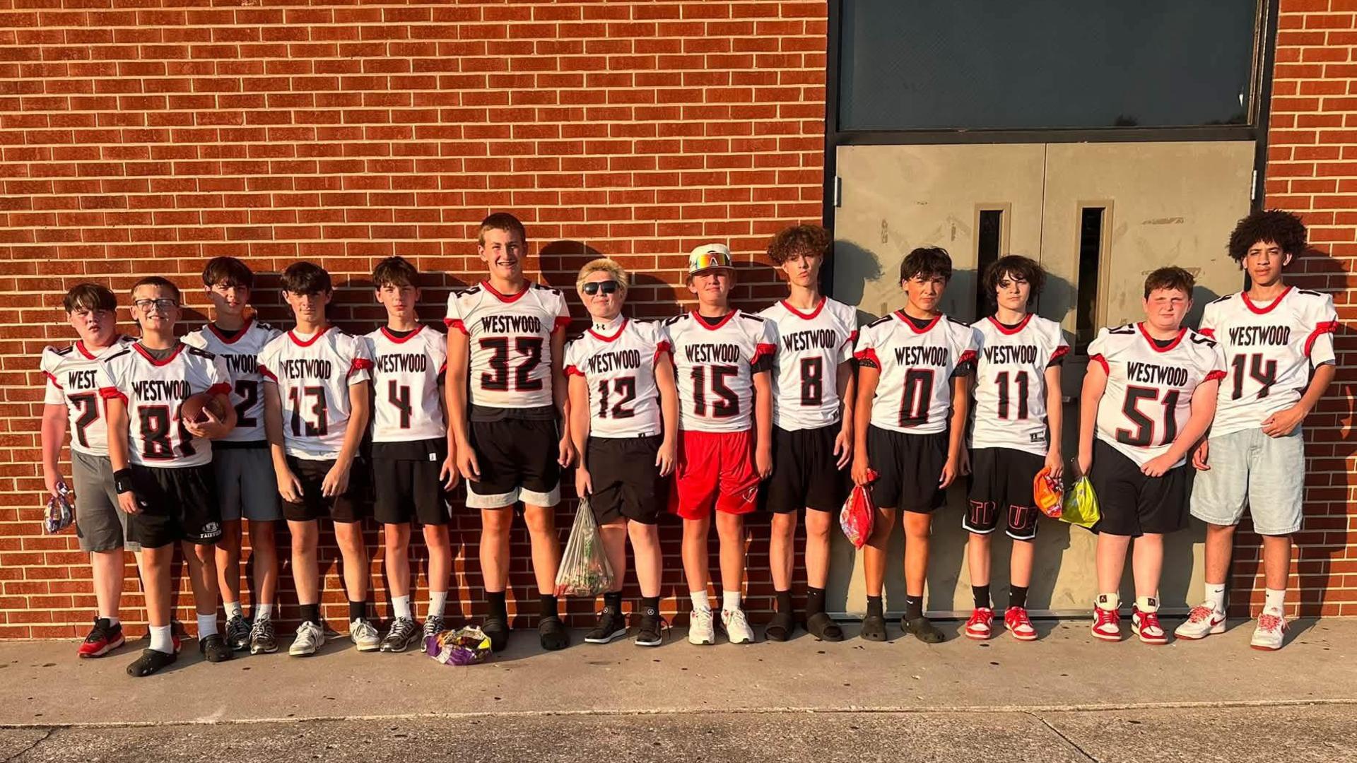 Group of young football players in jerseys standing in front of a brick wall.