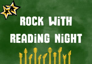 Text promoting 'Rock with Reading Night' on a green background with guitar graphics.