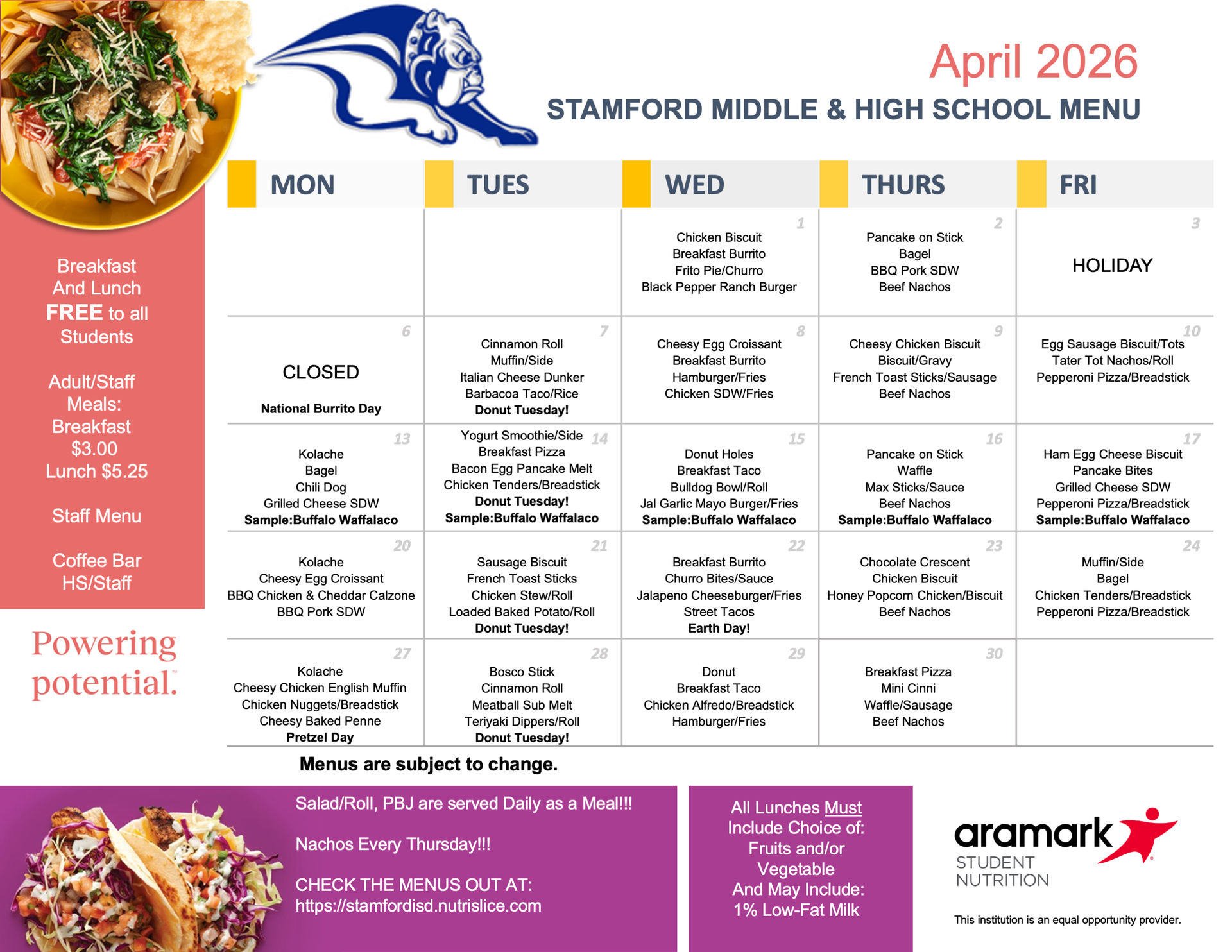 HS and MS April Menu 2026