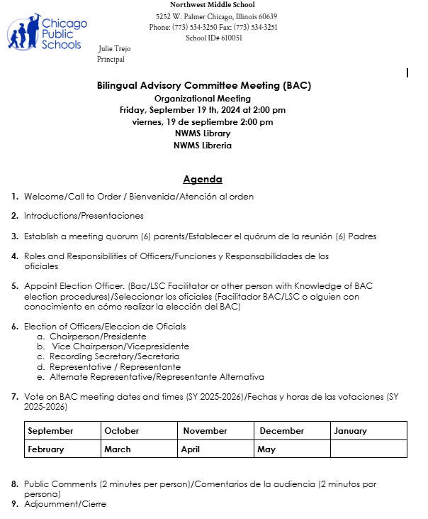 Bilingual Advisory Committee Meeting (BAC)  Meeting Friday, September 19th, 2025 at 2:00 pm viernes, 19 de septiembre 2:00 pm