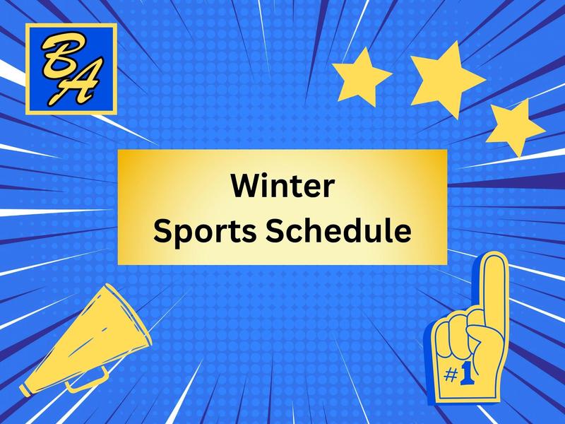 Blue background with stars, megaphone, and foam finger featuring "Winter Sports Schedule".