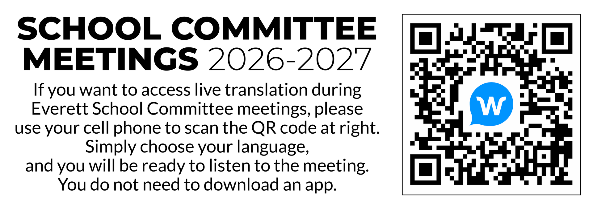 Announcement for school committee meetings with QR code for translation access.