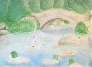 A soft watercolor painting of a peaceful pond scene with several ducks swimming in blue water. In the background, a small arched stone bridge crosses the pond, surrounded by green trees and bushes. The ducks vary in color, including white and light brown, with a few green-headed ducks in the foreground.