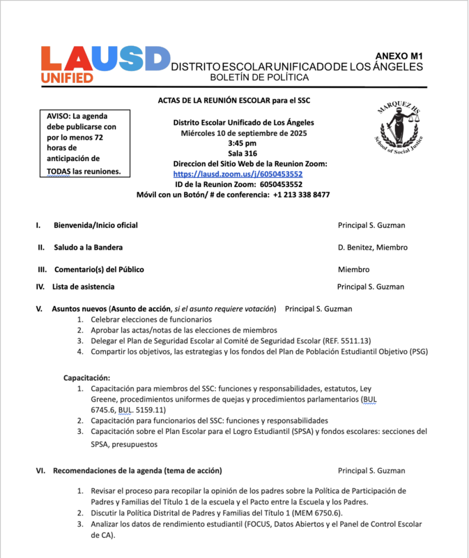 SSC Meeting #1 this Wednesday, September 10/Reunión #1 del SSC este miércoles 10 de septiembre
