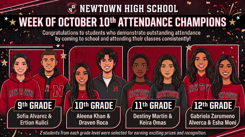 Promotional graphic from Newtown High School titled “Week of October 10th Attendance Champions.” The flyer features the school logo and congratulates students who demonstrated outstanding attendance by consistently attending school and classes. The graphic highlights two students from each grade level: Sofia Alvarez and Erton Kulici (9th Grade); Aleena Khan and Draven Roca (10th Grade); Destiny Martin and Keira Omas (11th Grade); and Gabriela Zarumeno Alverca and Esha Moni (12th Grade). The design uses Newtown's red, black, and white school colors with celebratory stars and confetti throughout.