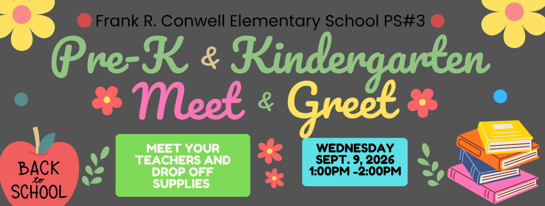Colorful school event poster for a Meet & Greet for Pre-K and Kindergarten.