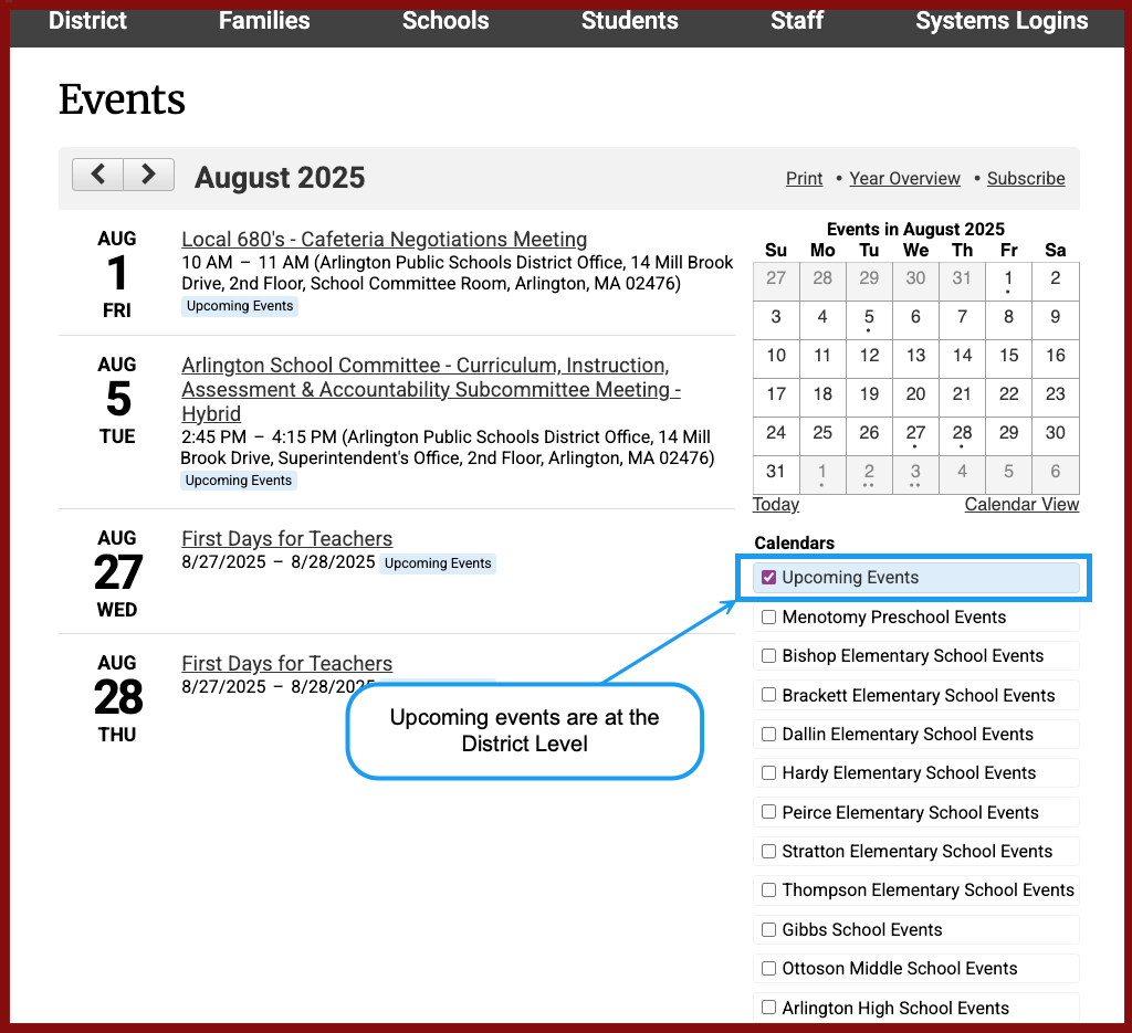 Screenshot of Calendar with 'Upcoming events Highlighted' 