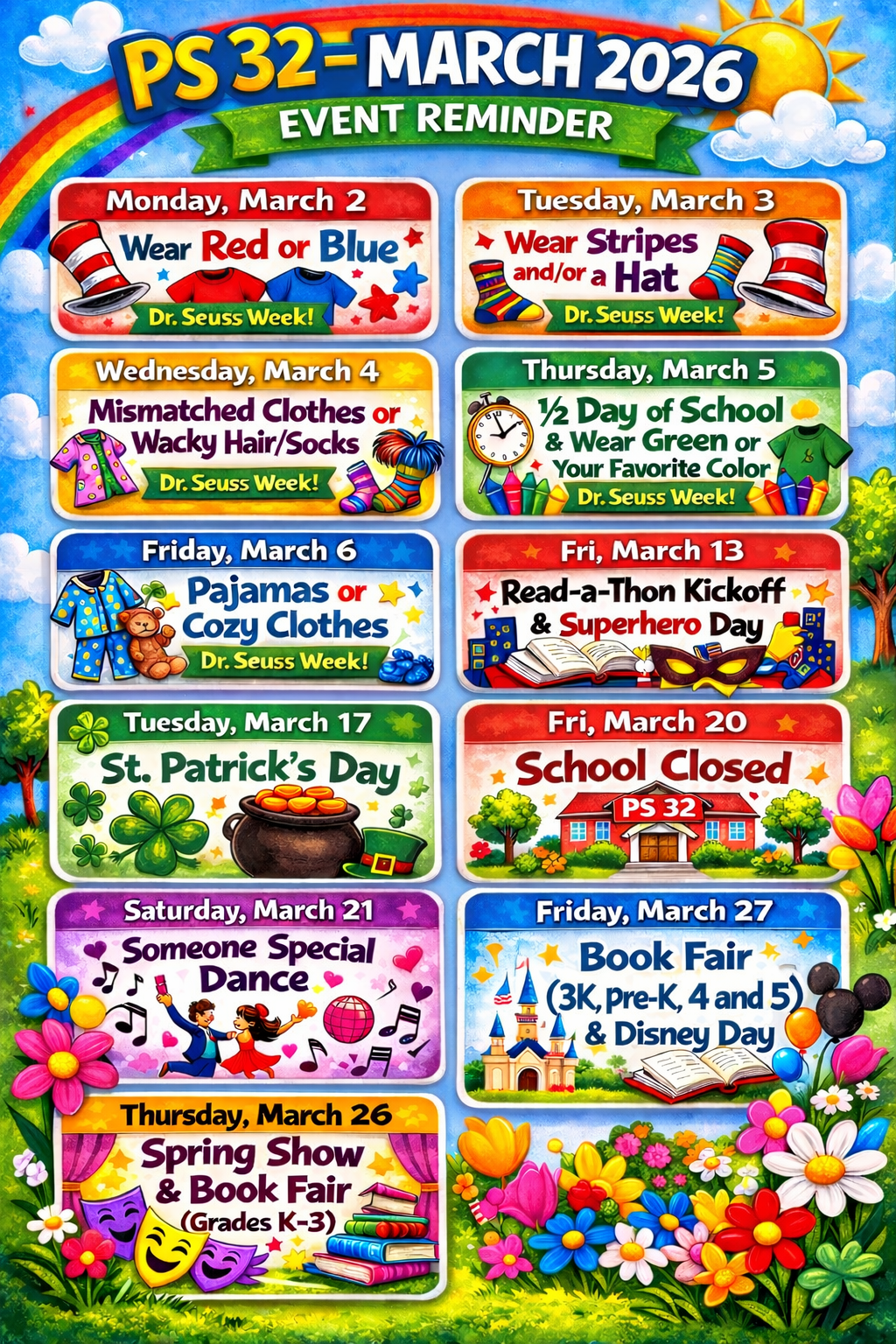 PTA event reminder-No school March 20th, Book Fair NMarch 26 & 27, Spring Show March 26th 