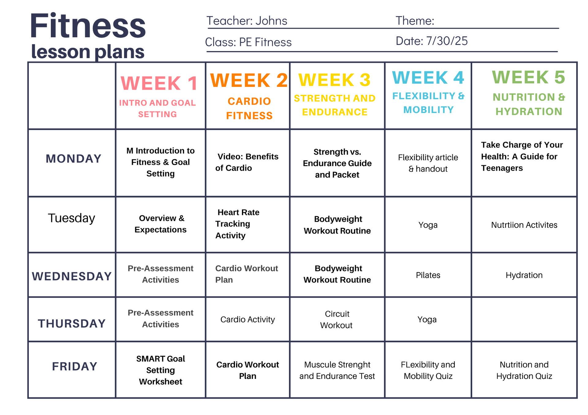 5 WEEK LESSON PLANS