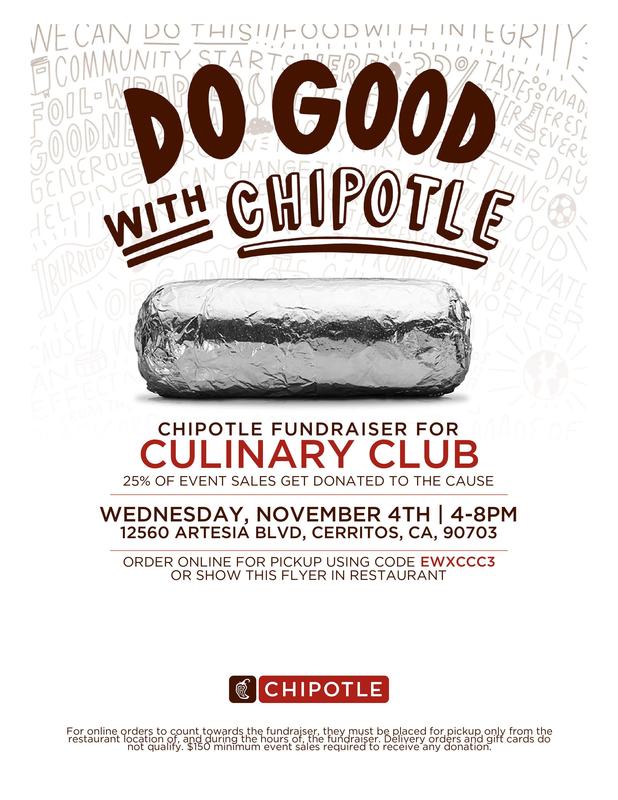WHS Culinary Club fundraiser at Chipotle on Wednesday, November 4th from 4 - 8pm