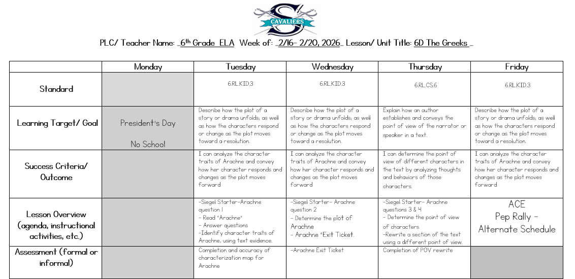 ELA Lesson Plans February 17 - 20