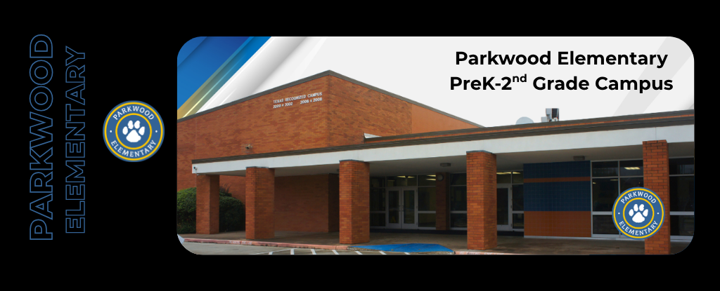 Exterior view of Parkwood Elementary with signage and a clear sky.