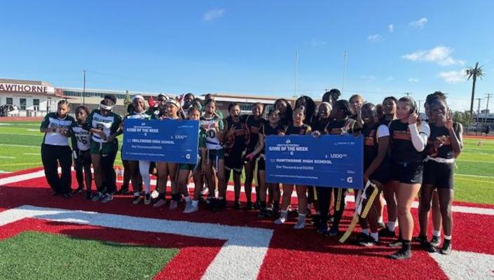 Picture of girls flag football team members: Hawthorne and Inglewood High Schools