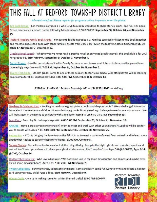Free Events at the Redford Township District Library