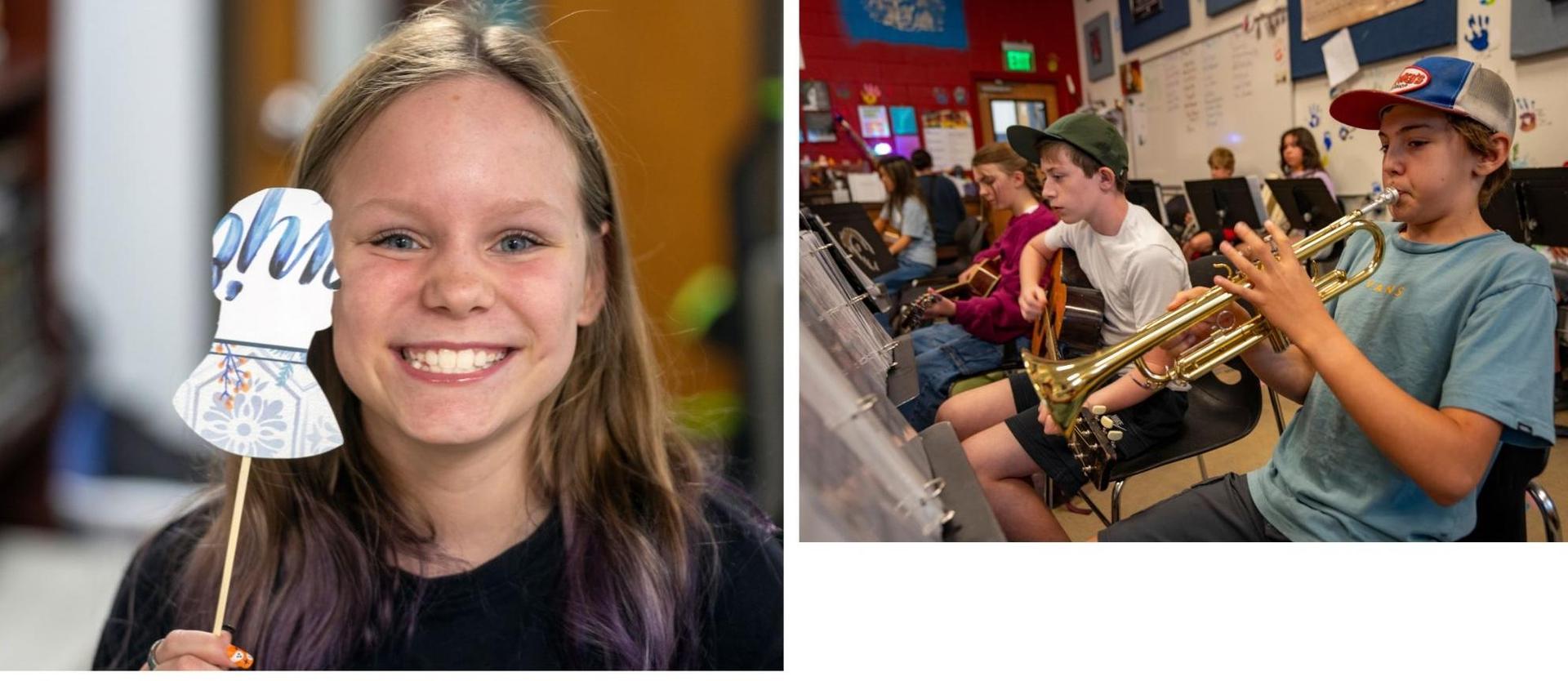 Left is a smiling young girl with puppet art and right are two noys playing instruments