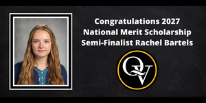 Yearbook Photo of a girl with long blonde hair. Image announces Rachel Bartels as a National Merit Scholarship Semi-Finalist for 2027.