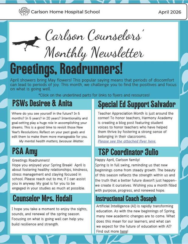 April News letter for CHHS in blue and white