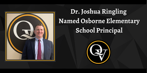 "Dr. Joshua Ringling Named Osborne Elementary School Principal" with an image of a man in a suit smiling in front of the Quaker Valley logo.