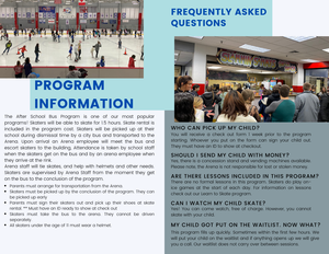 A vibrant school bus program flyer with various informative sections and images of children skating.