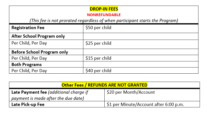 Drop In and Other Fees