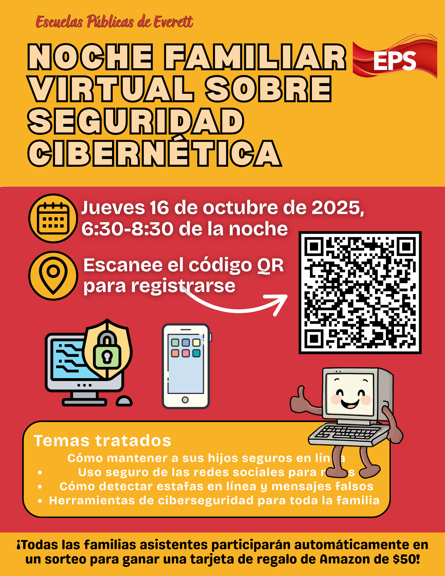 Noche Familiar Virtual Sobre Seguridad Cibernética con código QR.