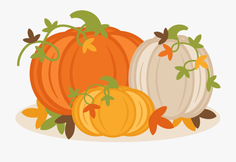 Cartoon picture of 3 pumpkins surrounded by leaves