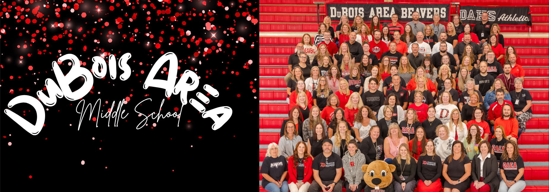 Group photo of staff from DuBois Area Middle School on red bleachers.