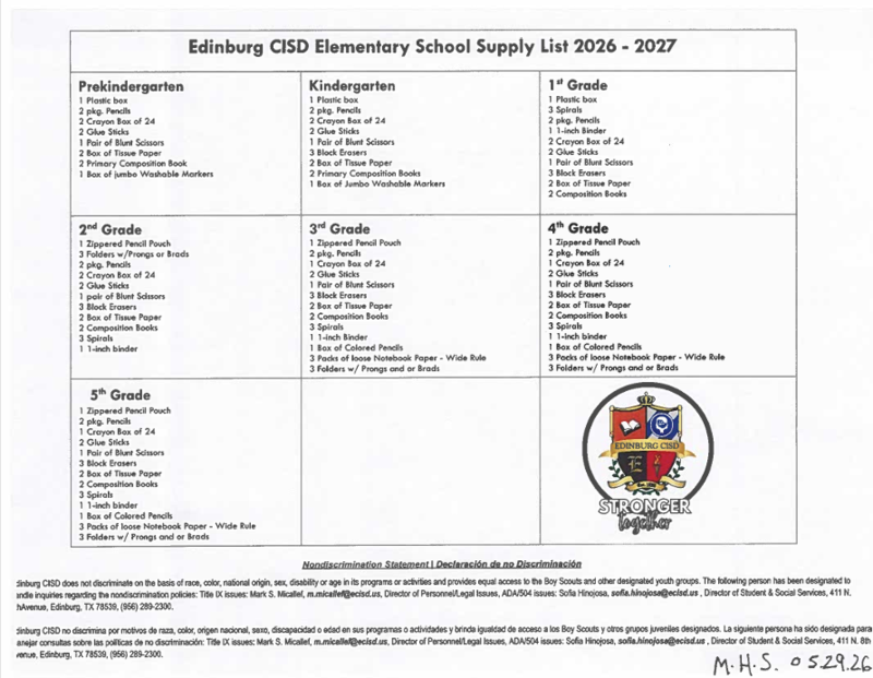 2026-2027 SUPPLY LIST