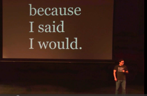 Motivational speaker Alex Sheen talks to students about his nonprofit "Because I said I would."